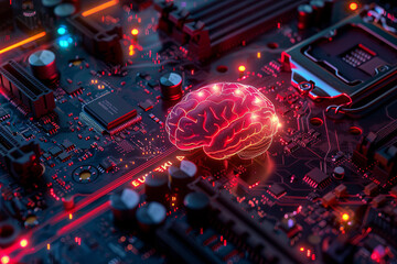 A 3D brain on a motherboard, the CPU chip is powered by AI - obrazy, fototapety, plakaty