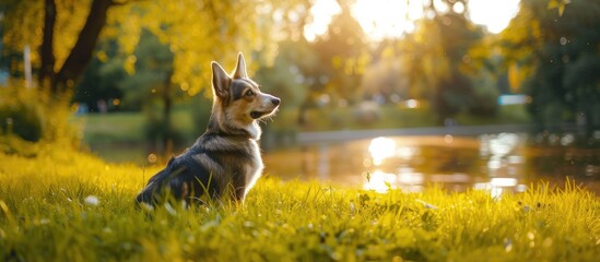 A Blue Merle Cardigan Welsh Corgi, a small herding dog from Wales, sits in the lush green grass by the water at a lake in the park during summertime.