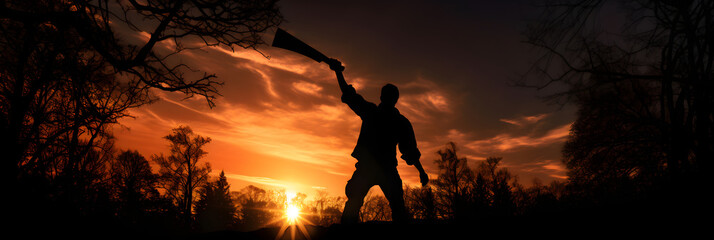 Showdown at Dusk: Silhouette of a Woodcutter Holding High His Glinting Axe Against a Fiery Sunset