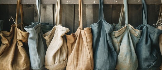 Multiple purses, including the Simple Flax Eco A Sustainably Chic Bag, are neatly arranged in a row and hanging on a wooden wall.