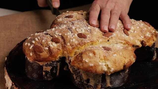 COLOMBA cake is a traditional Italian Easter dessert. The chef cuts the Easter colomba cake and demonstrates the delicate and airy pastry. Front view