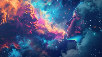Abstract silhouette woman of nebulae and stars. Stylized head of a young girl. Dream, transcendent and meditation concept.