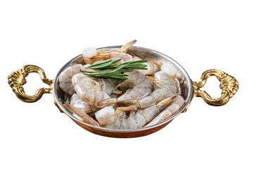 White tiger shrimps, raw prawns in a skillet with rosemary.  Isolated, Transparent background.