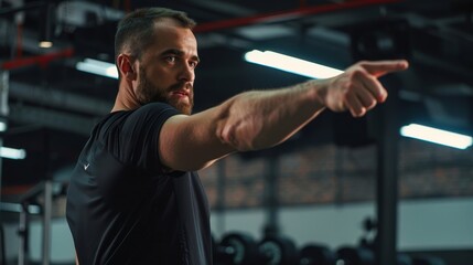 Personal Trainer Motivating Clients - A personal trainer in action, pointing towards an area where motivational fitness quotes could inspire viewers. 