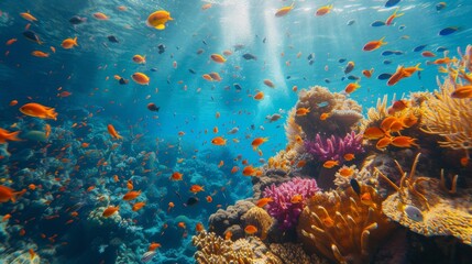 Capture an underwater scene of a coral reef teeming with marine life. The image should be rich in color, showcasing the vivid hues of the corals and the variety of fish.