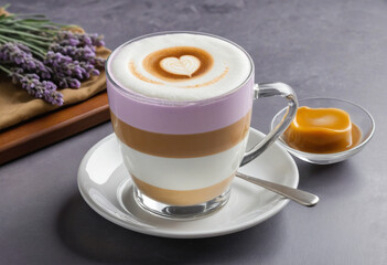 Lavender caramel latte art coffee in glass cup