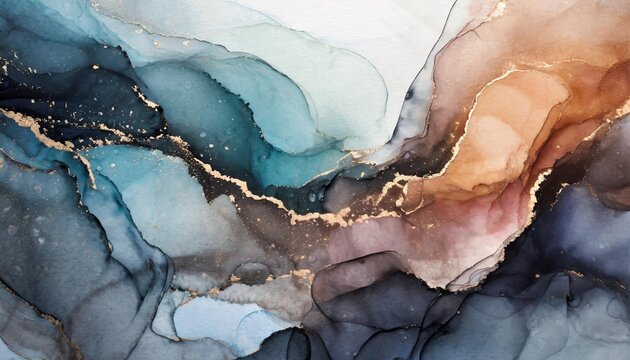 Beautiful blue, charcoal and gold abstract alcohol ink watercolor background. Abstract liquid marble design. Luxury wallpaper concept brush oil modern paper splash painting water.