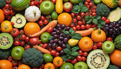 Fototapeta na wymiar Abundance Healthy fresh rainbow colored fruits and vegetables