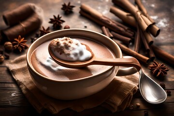 A spoon stirring milk into a steaming cup of hot cocoa, evoking warmth and coziness.