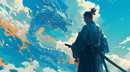  anime man in a kimono robe and a dragon background - obrazy, fototapety, plakaty