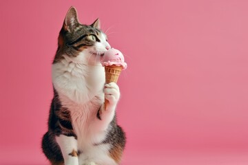 A gray cat with a white chest happily eats pink ice cream on a pink background, with space for copy text.