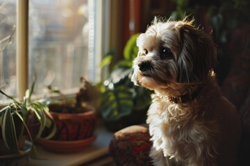 A cute purebred dog sits in a chair in a modern living room and looks out the window.