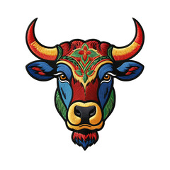 Fototapeta premium Ornate colorful embroidered patch badge of a cattle head in portrait view on transparent background