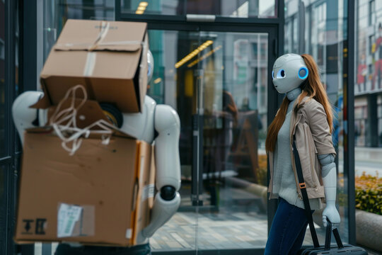 Fired office worker holding a box with her belongings and leaving the office, humanoid AI robots waiting for a job interview. Generative AI