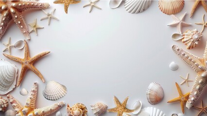 Seashells and starfish on blue background with copy space. Generative AI.