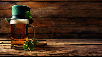 Fresh beer and green hat with lucky clover wit. - obrazy, fototapety, plakaty