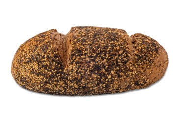 Rye bread loaf with sesame, flax, sunflower and poppy seeds, isolated