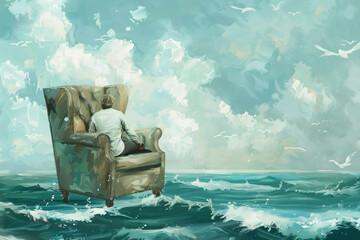 Man in a seat on armchair lost at sea. Generative AI