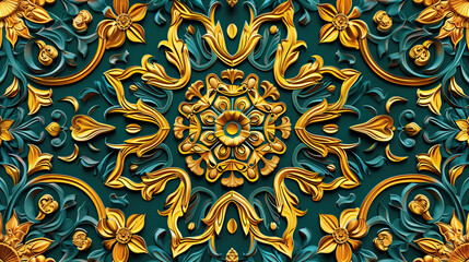 islamic craft ornament pattern for abstract background. golden and green floral pattern on blue background. islamic calligraphy. ramadan kareem holiday celebration concept