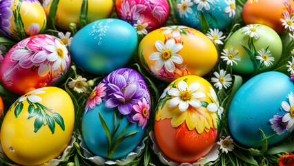 colourful easter eggs with floral patterns, easter decoration background, colourful eggs, spring...