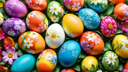 Fototapeta na wymiar colourful easter eggs with floral patterns, easter decoration background, colourful eggs, spring flower, spring joy, easter gift, easter tradition, festive, holiday