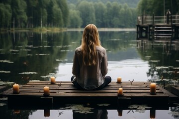 A woman meditates during yoga classes by the lake in summer, sitting on a wooden pier - Powered by Adobe