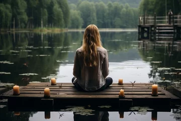 Foto auf Leinwand A woman meditates during yoga classes by the lake in summer, sitting on a wooden pier © anwel