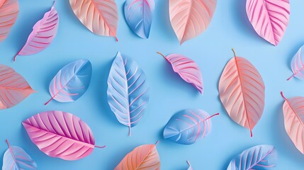 Vibrant Pink and Blue Leaves Pattern: Artistic Foliage on Bright Blue Background