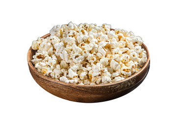 Salted popcorn in a wooden plate.  Isolated, Transparent background.