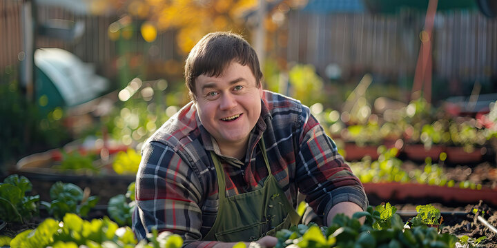 Young adult with Down syndrome participating in a community gardening project. Learning Disability