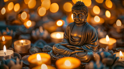 Fototapeta premium Illuminated by candles, a golden Buddha statue sits in meditation against a temple backdrop with intricate murals. Warm tones envelop the serene scene. Ideal for spirituality and religion themes.