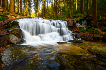Fototapeta na wymiar Waterfalls, cascades, Jeseníky mountains, water, forests, rocks, trees, mountain stream