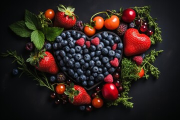 a heart of fruits and vegetables on a blue background