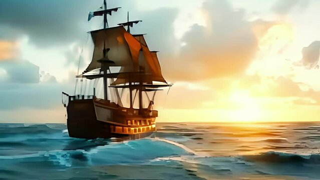 pirate sailboat against the backdrop of the sunset sky on the open sea.
Concept: Sailing, historical travel, adventure literature, pirates