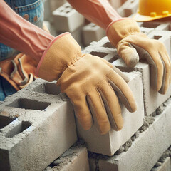 Obraz premium close up of construction worker hands with building gloves on brick wall background