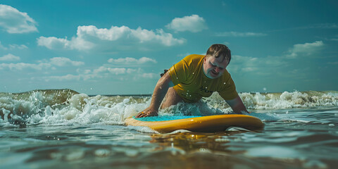 Man with Down syndrome learning to surf at the beach. Learning Disability