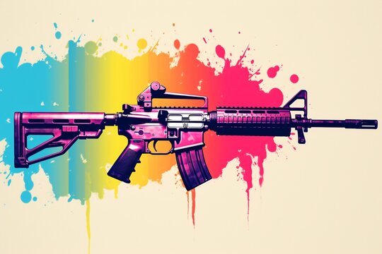 a colorful gun with rainbow paint splatter