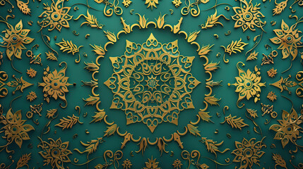islamic craft ornament pattern for abstract background. golden and green floral pattern on blue background. islamic calligraphy. ramadan kareem holiday celebration concept