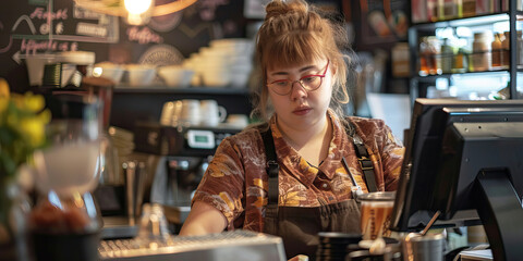 Woman with Down syndrome working as a barista in a coffee shop. Learning Disability