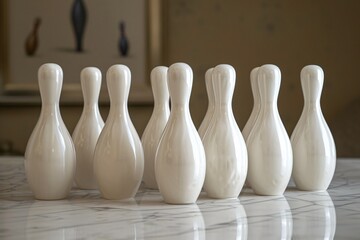 a group of white bowling pins