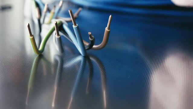 Electrical cable wire with working tools in background, on metal workshop table