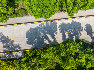 Aerial photography of cement road and green tree landscape. Top view.