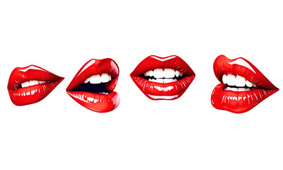 Fototapeta na wymiar set / collection of female red lips, isolated on transparent background, sexy woman mouth with smile, graphic design elements png