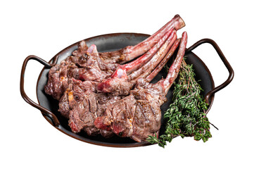 BBQ Grilled lamb chop steak, mutton rib cutlet in steel tray with thyme. Isolated, Transparent background.