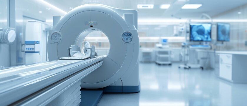 Create a wide banner image featuring an advanced CT scan machine in a hospital laboratory. Focus on the high tech aspects of the machine.