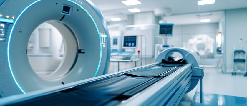 Create a wide banner image featuring an advanced CT scan machine in a hospital laboratory. Focus on the high tech aspects of the machine.