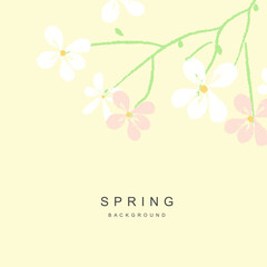 Spring abstract vector background with cute simple branch with flowers and leaves on yellow background. Art illustration for card, banner, invitation, social media post, poster, advertising
