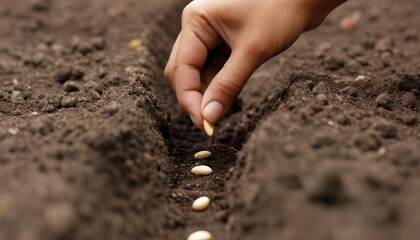 Fingers delicately place seeds into the earth. Precision and care are evident in the planting process, as each seed promises a future harvest