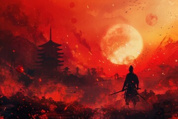 Samurai warrior, epic scene red illustration with moon in Japanese folk art style