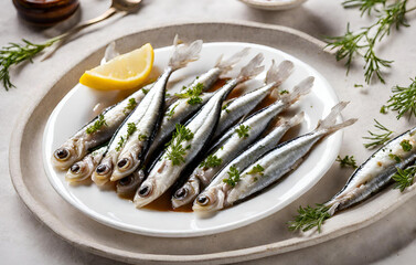 Salted sprat with lemon and parsley on a black background
